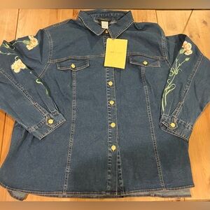 NWT Vintage Bob Mackie Wearable Art Denim Jacket Floral Embroidery w/Pants 2X